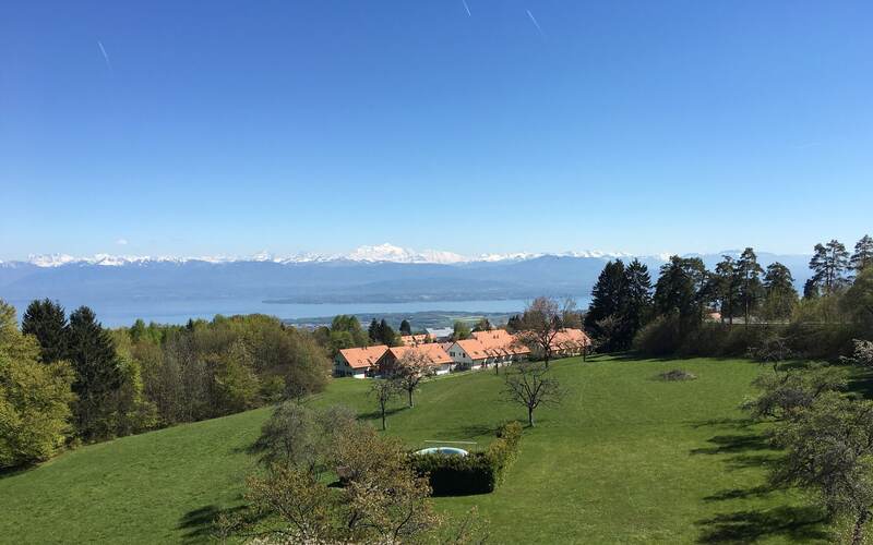 La vue sur le lac Léman et les Alpes depuis les prés du domaine